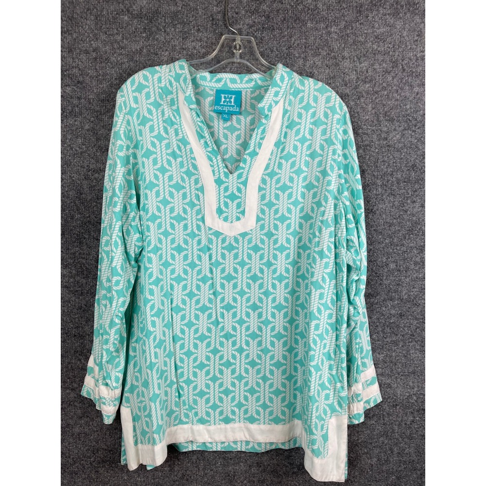 Escapada Tunic Top Womens XL Turquoise Good Geometric Rope Print V-Neck Rayon